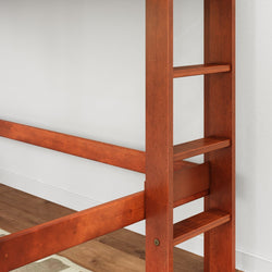 Close-up of cherry-finish solid wood bunk bed frame ladder and side rails with slatted steps on hardwood floor