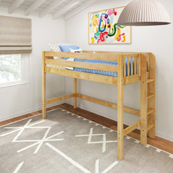 Natural wood twin loft bed with ladder in a bright children's bedroom, blue bedding, geometric rug, window and colorful abstract wall art