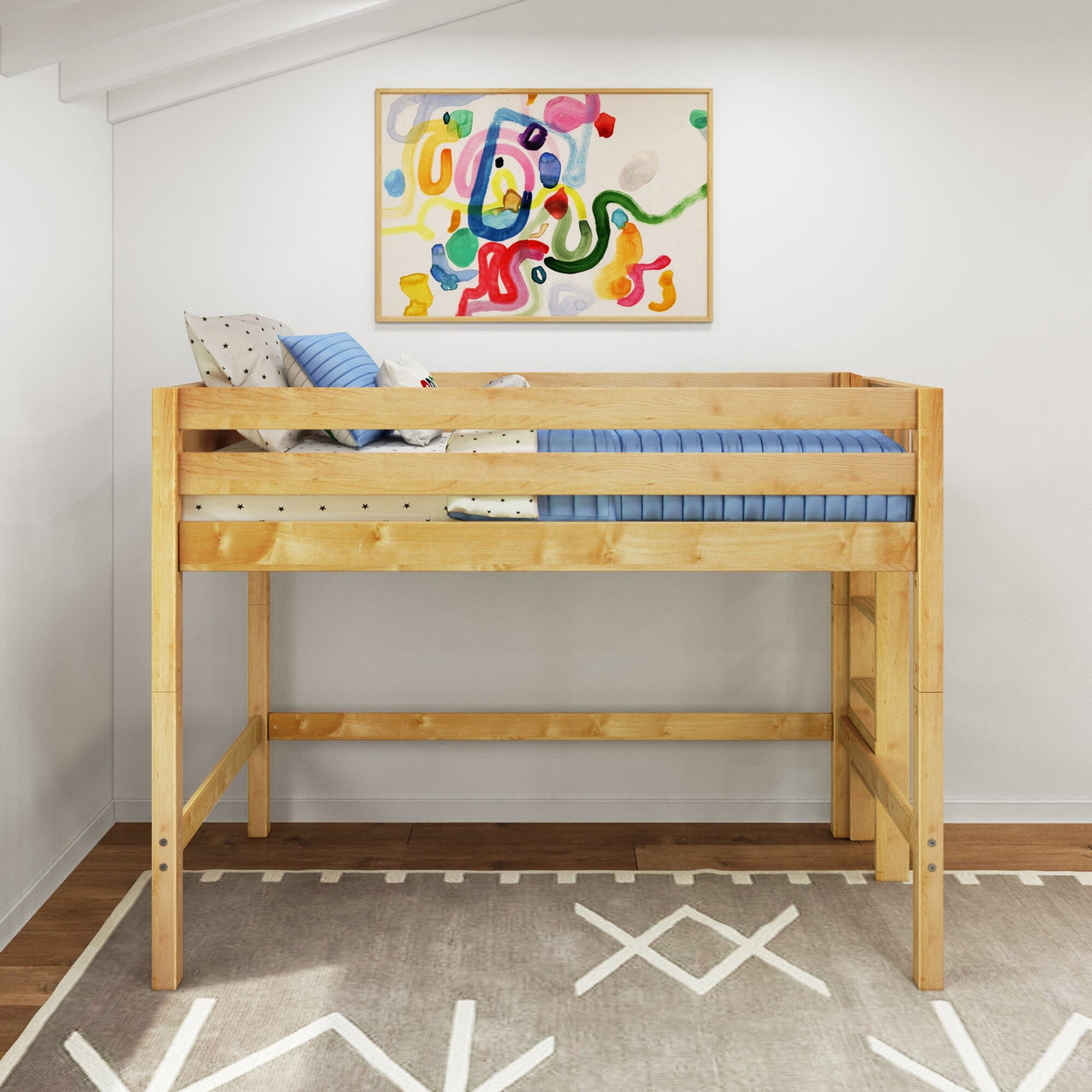 Natural wood twin loft bed with blue bedding in modern kids' bedroom, colorful abstract wall art and geometric rug