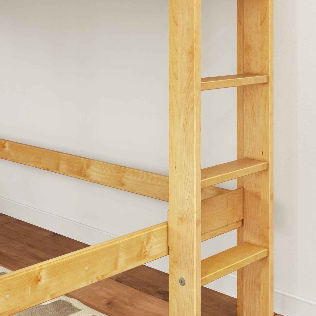 Close-up of light natural wood bunk bed frame and ladder rungs showing smooth grain and slatted side rails in a minimalist bedroom
