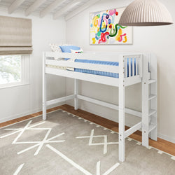 White wooden twin loft bed with ladder and blue bedding in a modern kids' bedroom — space-saving design with colorful abstract wall art and neutral geometric rug