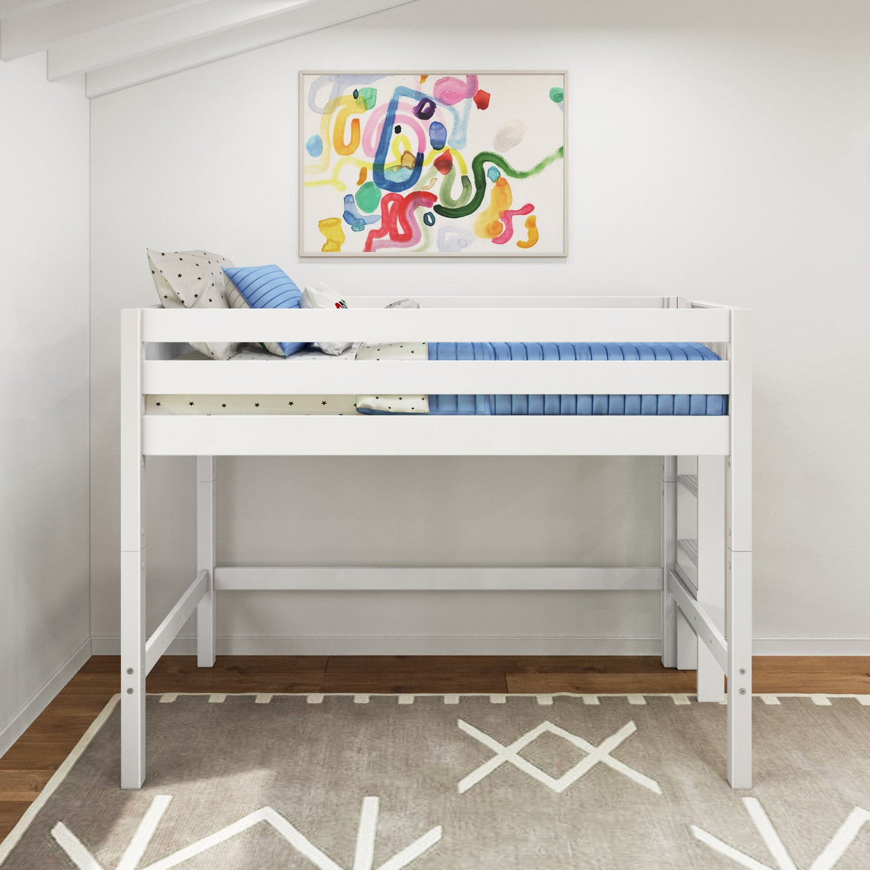 Modern white loft twin bed with blue striped bedding in a minimalist children's bedroom, abstract colorful wall art and geometric rug