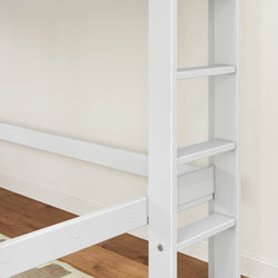 Close-up of white wooden bunk bed ladder and side rail on hardwood floor, modern children's loft bed frame with slatted steps and white finish