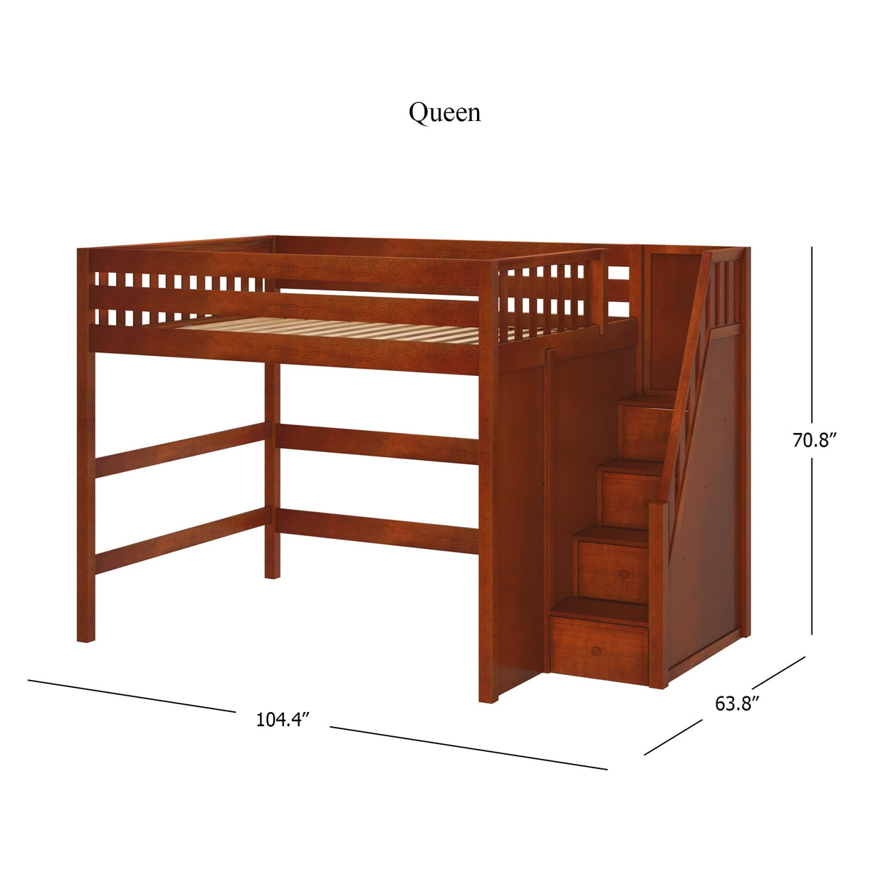 Queen loft bed with stairs and storage dimensions: 104.4 inches wide, 70.8 inches high, 63.8 inches deep, in a wooden finish.