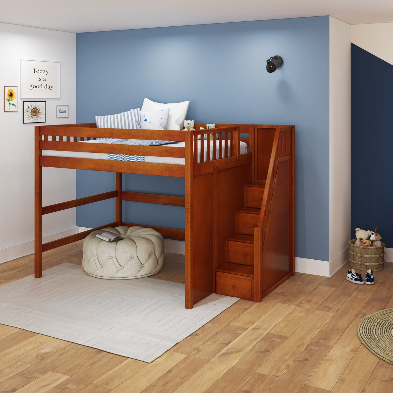 Wooden loft bed with storage stairs and cozy decor in a modern bedroom.