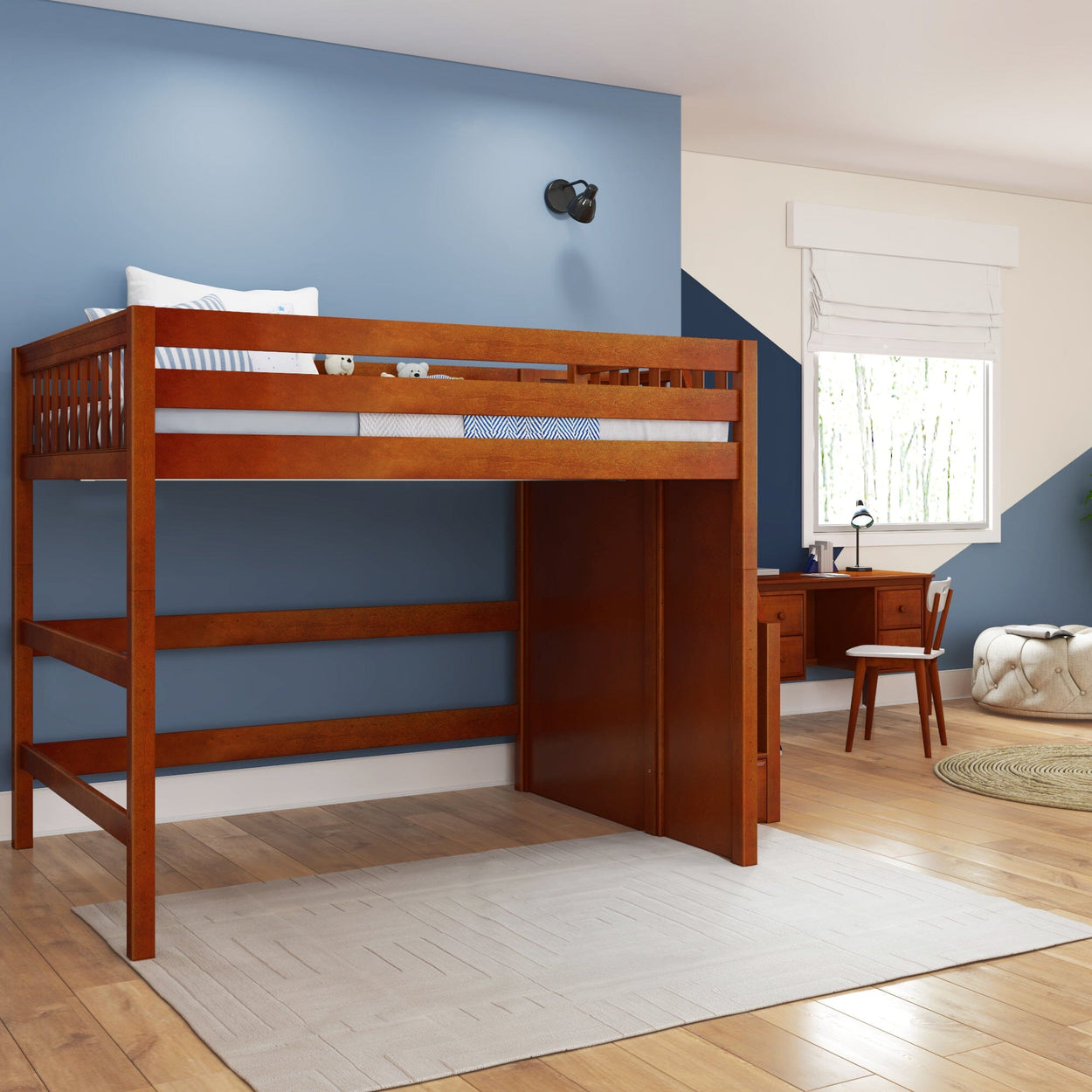 Loft bed with desk and chair in a modern blue and white bedroom with hardwood floors.
