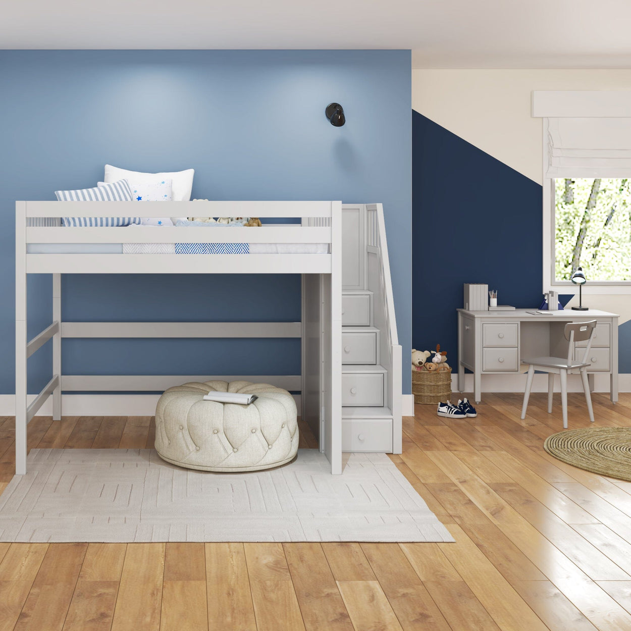 Modern kids' room with stylish loft bed, blue accent wall, and hardwood flooring.