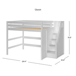 Queen size loft bed with staircase and storage, dimensions 104.4 x 63.8 x 70.8 inches, white finish.