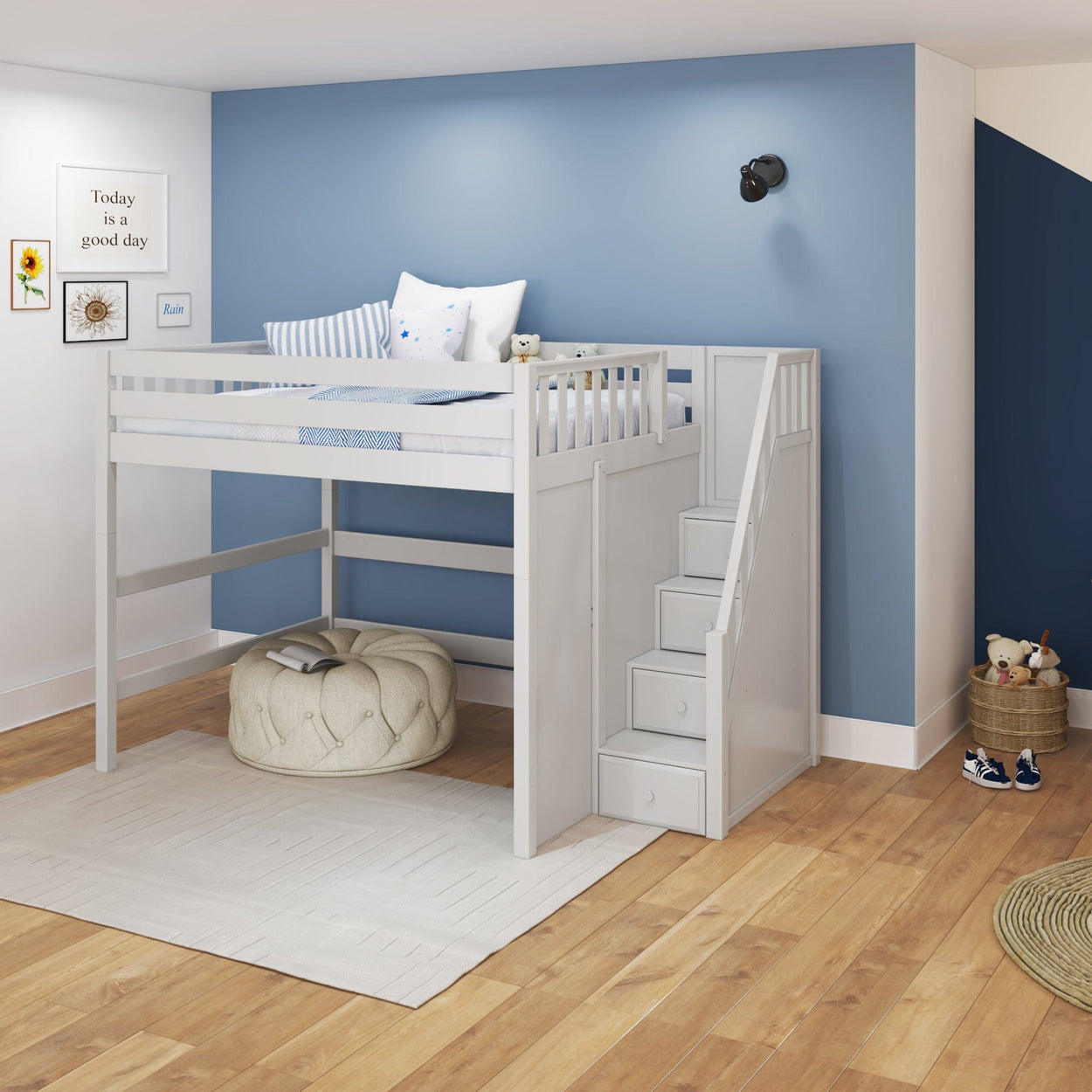 Kids white loft bed with stairs and storage in a stylish blue bedroom with wooden floor.