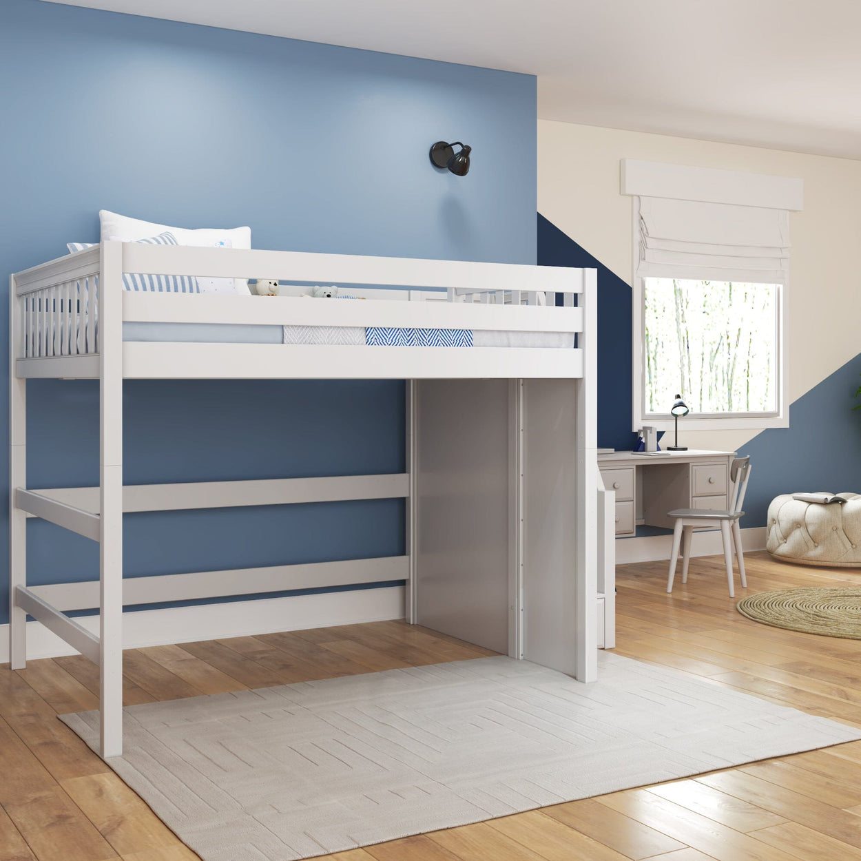 White loft bed in modern child's bedroom with blue and white walls, hardwood floors, and study area.
