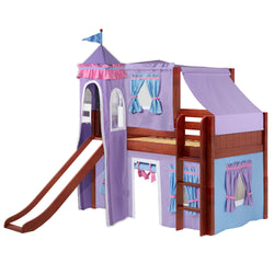 Princess castle loft bed for kids with slide and curtains in purple and pink colors.