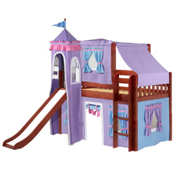 Kids' wooden loft bed with purple and pink castle-themed play tent and slide.