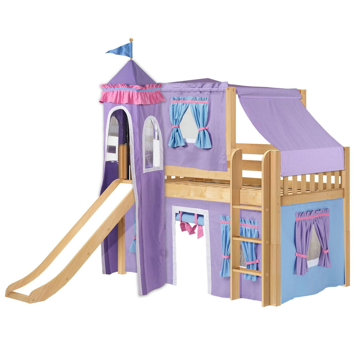Purple and blue kids' castle bunk bed with slide and ladder.