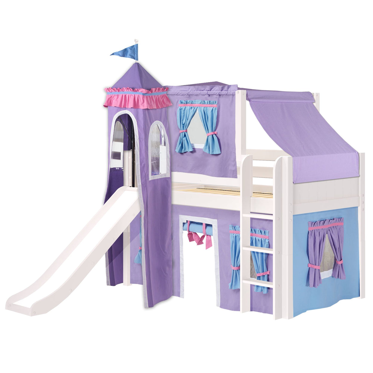 Purple and blue princess castle-themed bunk bed with slide for kids, featuring decorative curtains and a playhouse design.