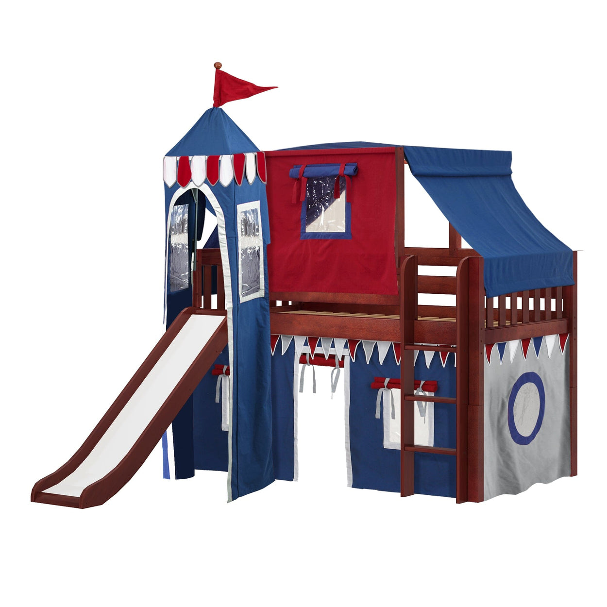 Kids’ wooden castle-themed bunk bed with slide and play tent in red, blue, and white for children's bedroom.