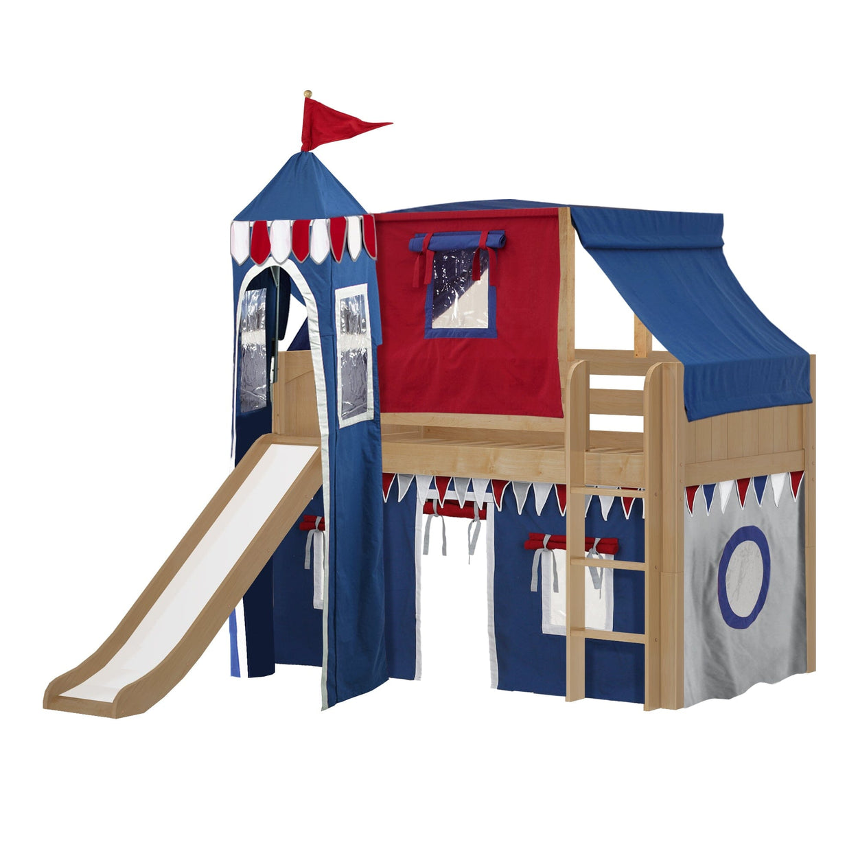 Children's castle-themed loft bed with slide and red, white, and blue canopy for fun bedroom decor.
