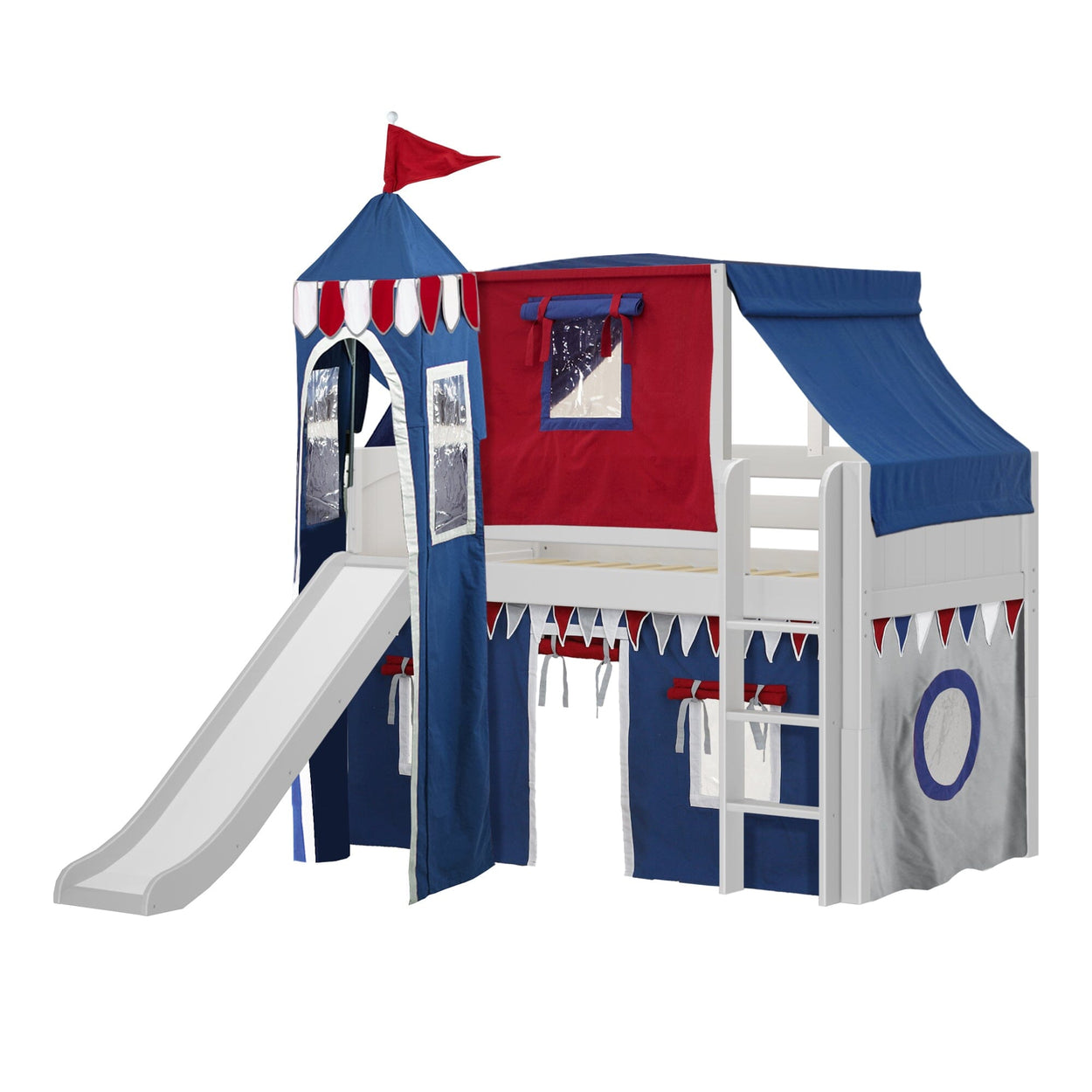 Children's loft bed with blue and red tent theme, complete with slide and play area.
