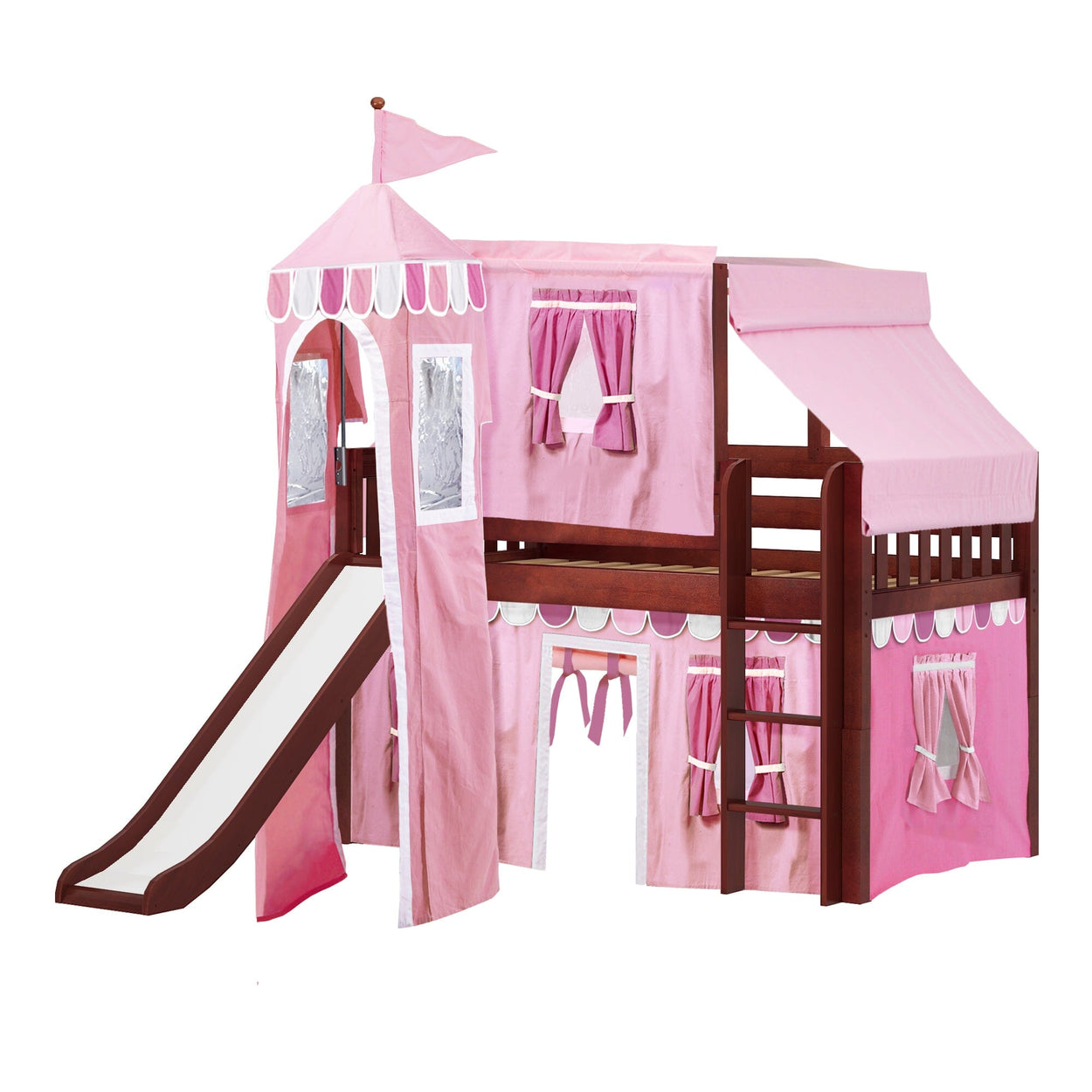 Pink children's loft bed with slide and castle-themed play tent.