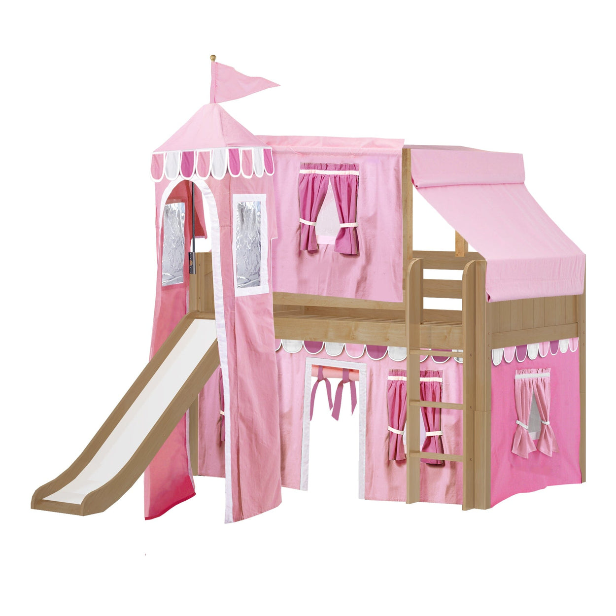 Pink princess castle-themed kids loft bed with slide and ladder for playroom decor.