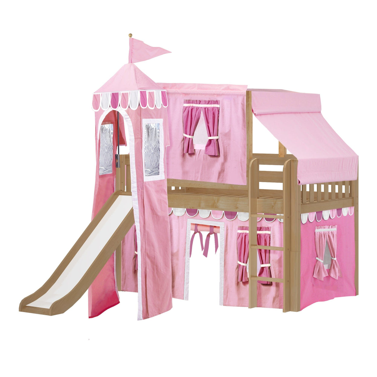 Pink princess castle loft bed with slide and playhouse canopy for kids.