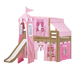 Pink princess castle loft bed with slide and playhouse canopy for kids.