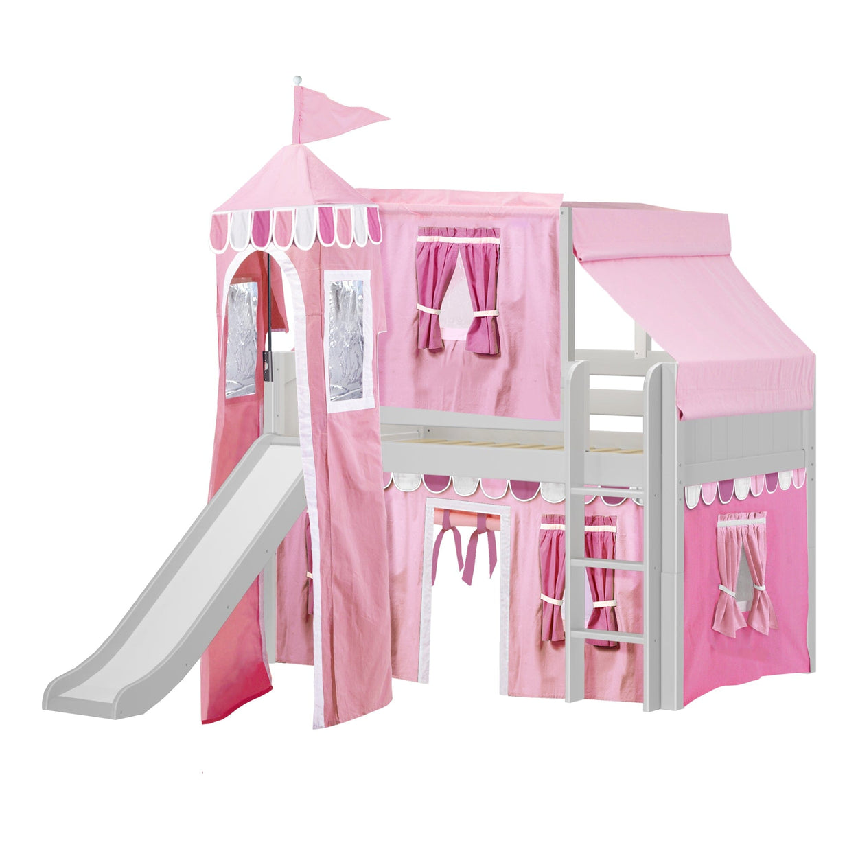 Pink princess castle loft bed with slide and playhouse curtains for kids' bedroom.