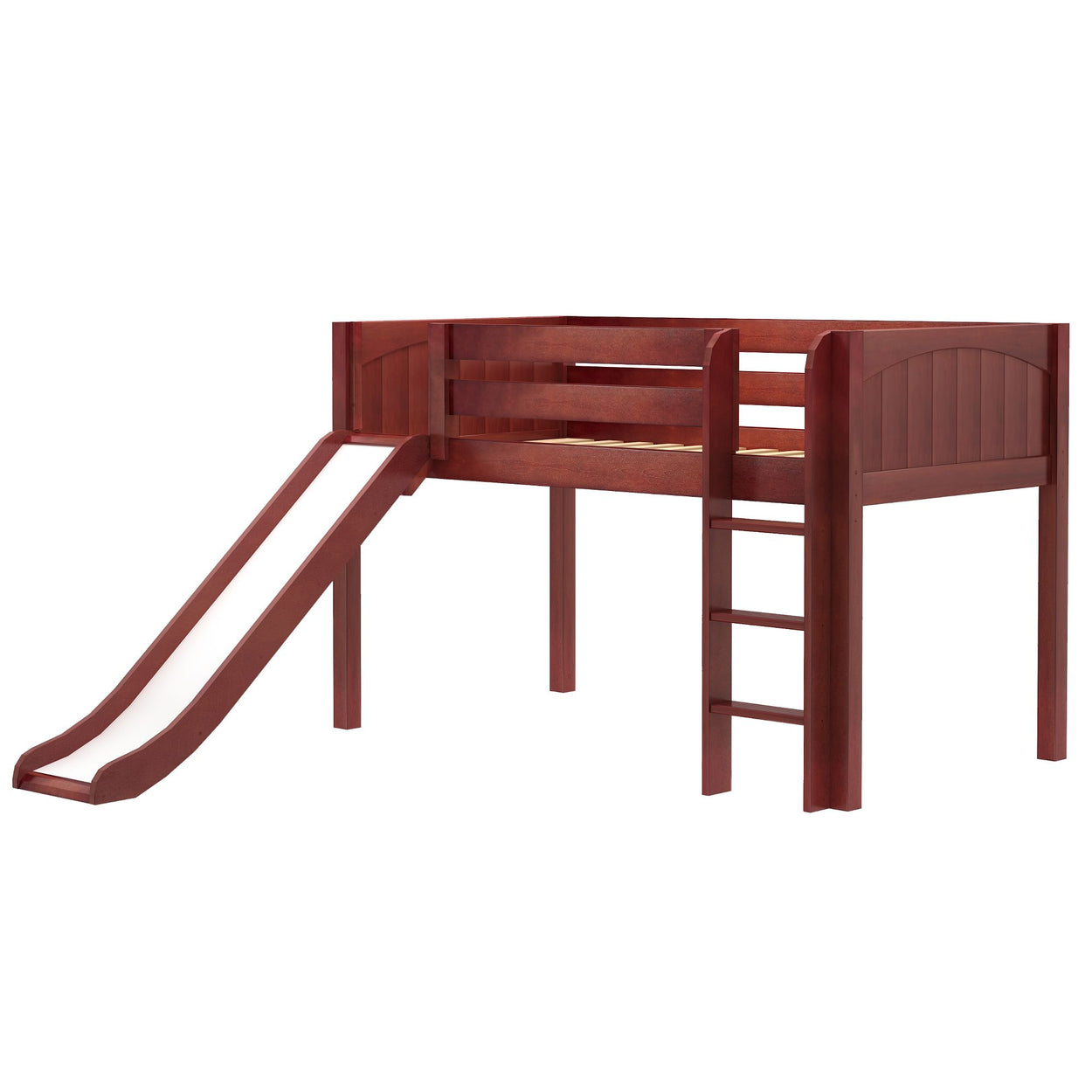 Wooden loft bed with ladder and slide for children's bedroom.