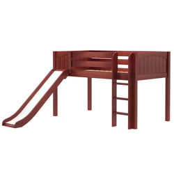 Wooden loft bed with ladder and slide for children's bedroom.