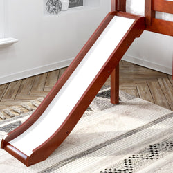 Wooden indoor loft bed slide on a cozy carpeted floor in a bright bedroom.