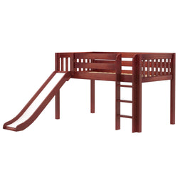 Loft bed with slide in rich brown wood finish, featuring a ladder for easy access.