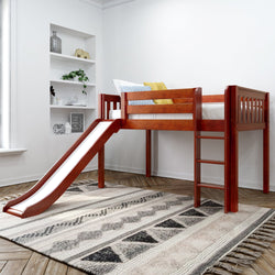Kids wooden loft bed with slide and ladder in bright modern bedroom.