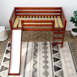 Wooden loft bed with slide and ladder, designed for children's bedroom furniture.