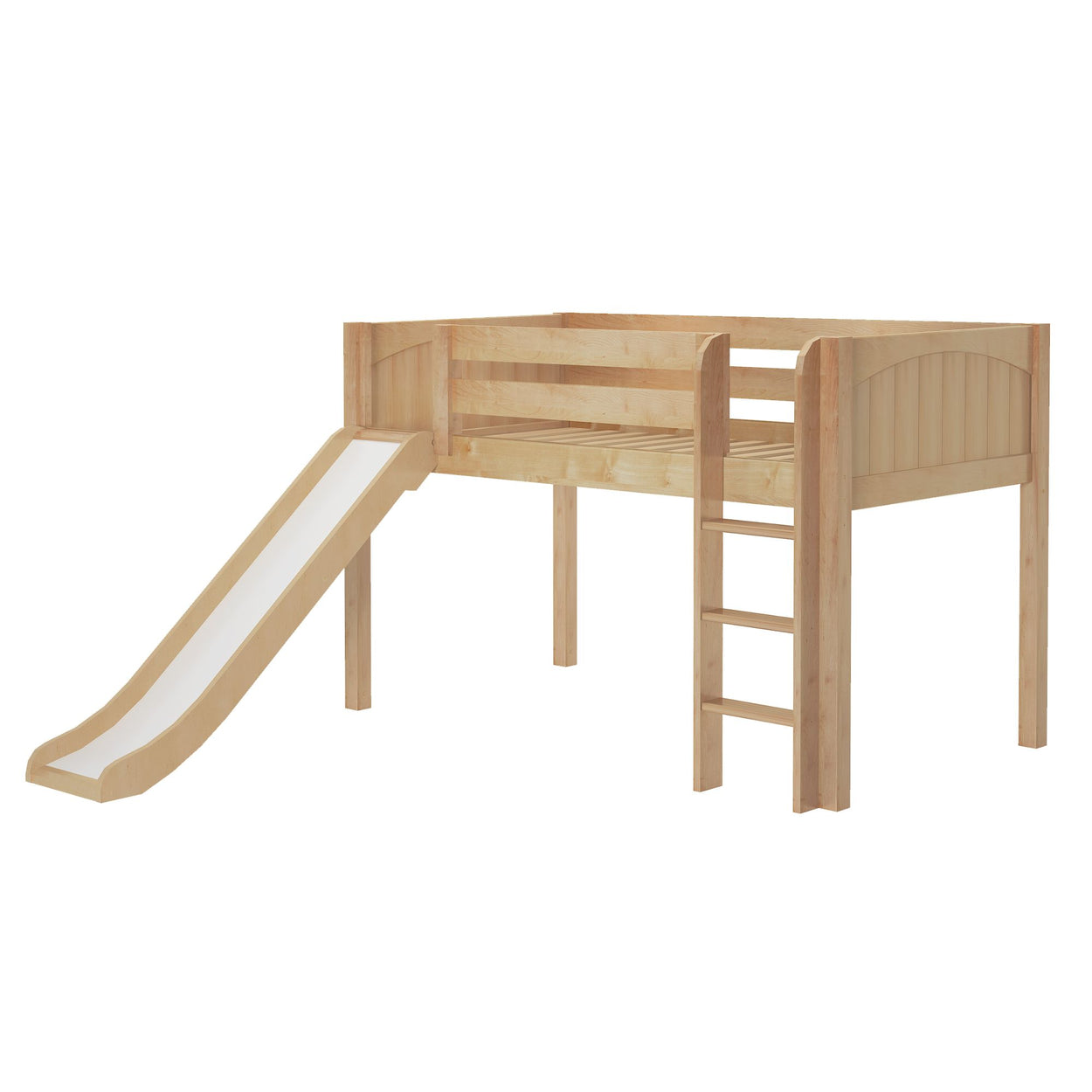 Wooden loft bed with slide and ladder for kids.