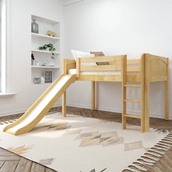 Kids wooden loft bed with slide and ladder in a stylish modern bedroom.
