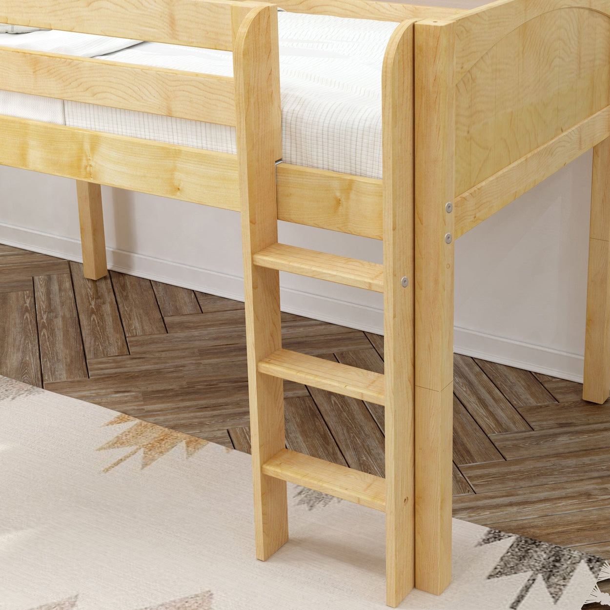 Wooden bunk bed ladder with light wood finish in a modern bedroom setting.