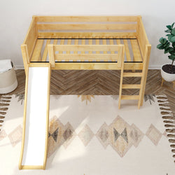 Wooden loft bed with slide and ladder for kids, placed in modern room with decorative rug and plant.