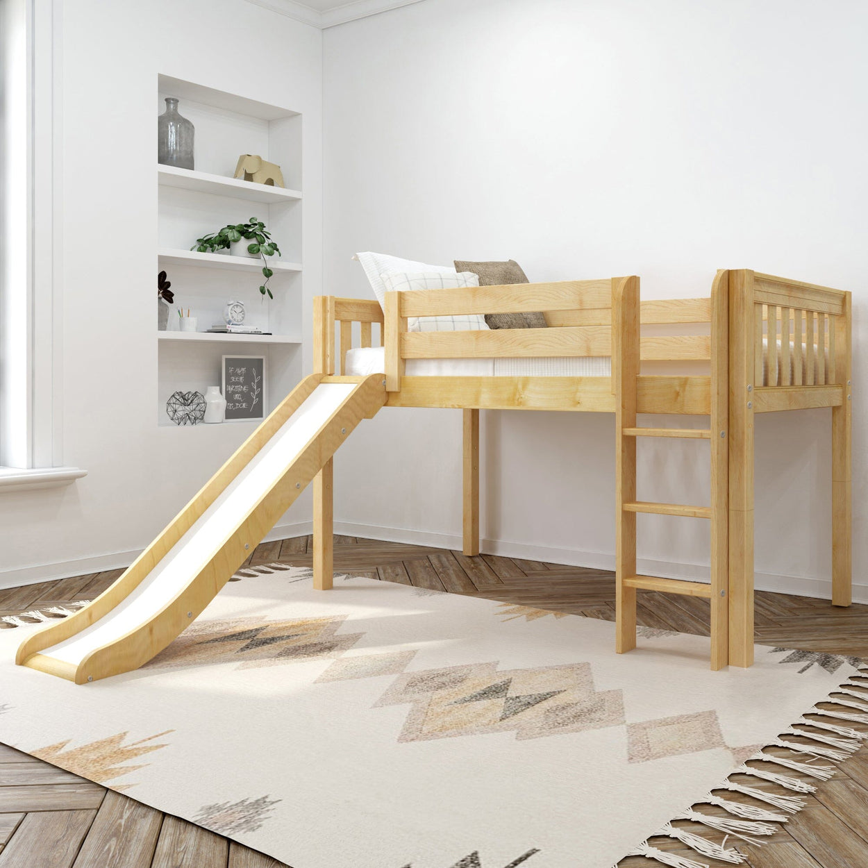 Children's wooden loft bed with slide in a modern, minimalist bedroom.