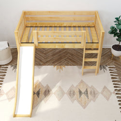 Kids wooden loft bed with slide and ladder in modern bedroom setting.