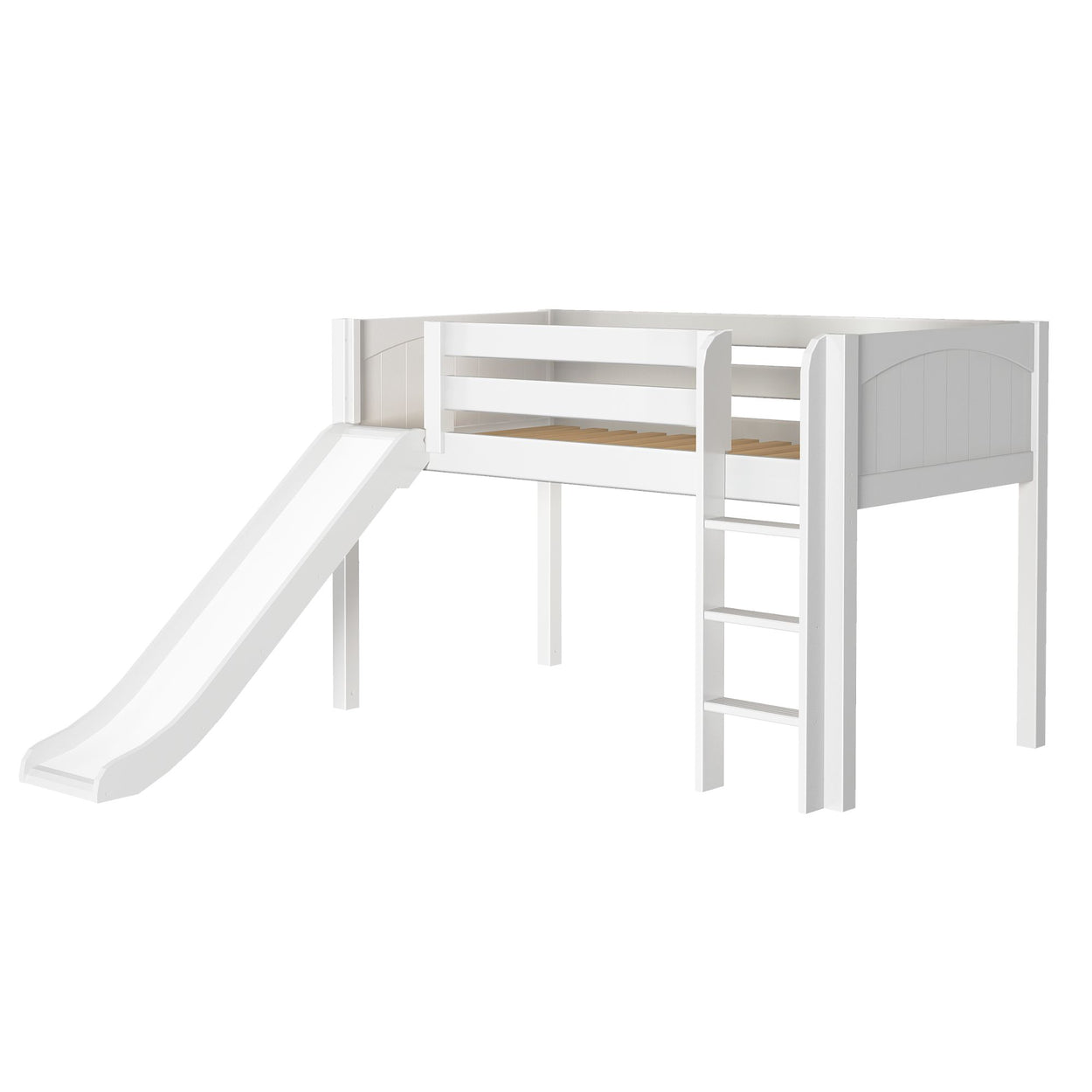 White children's loft bed with slide and ladder for a playful bedroom setup.