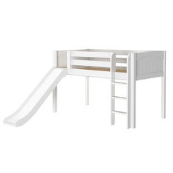 White children's loft bed with slide and ladder for a playful bedroom setup.
