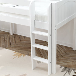 White wooden loft bed ladder on a chevron-patterned wooden floor with a geometric rug.