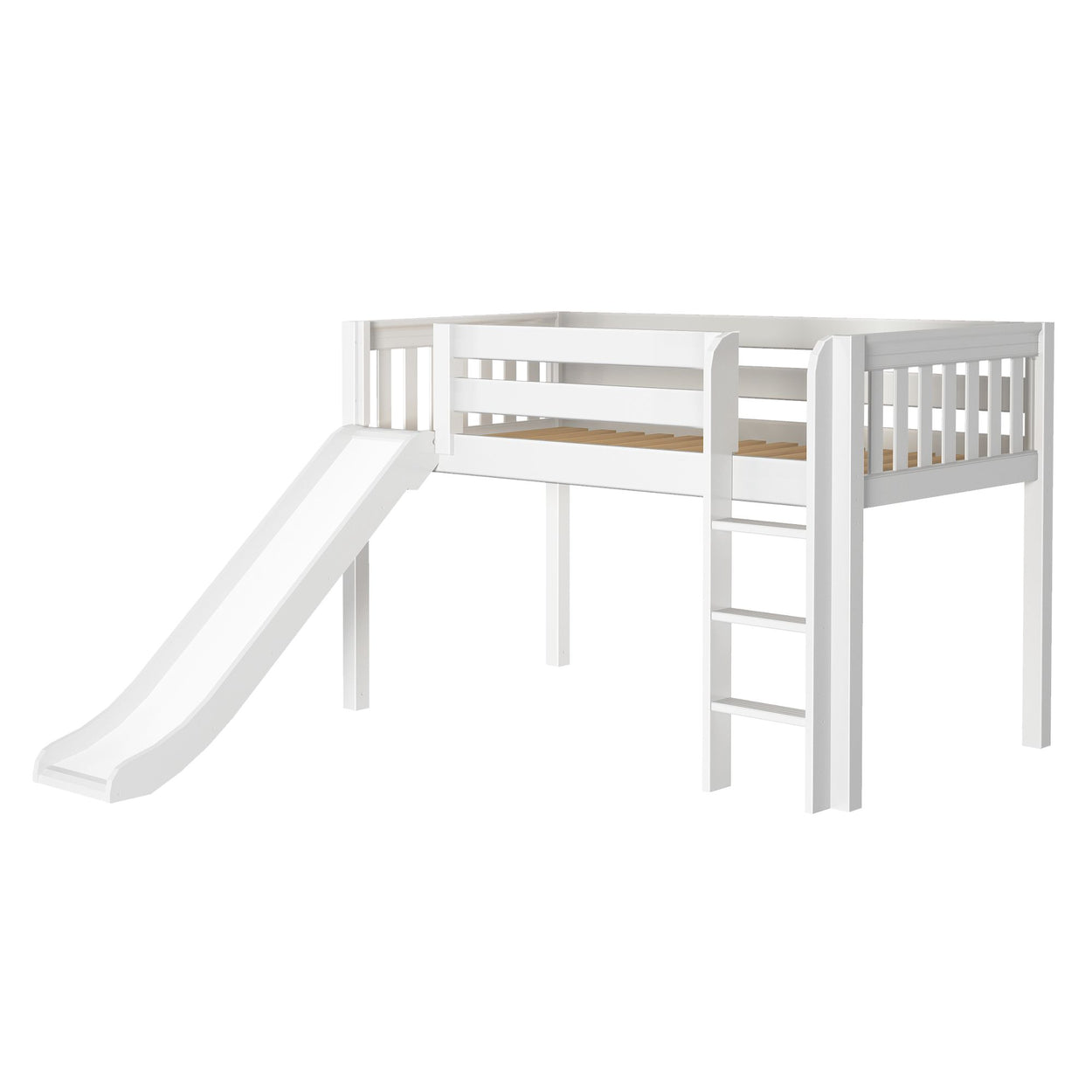 White children's loft bed with slide and ladder, modern space-saving design.