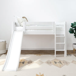 White loft bed with slide and ladder in children's room with geometric rug.