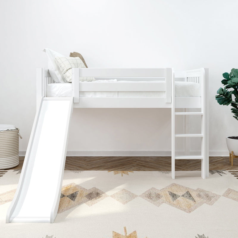White children's loft bed with slide and ladder in minimalist nursery, neutral plaid pillows, woven basket and potted plant
