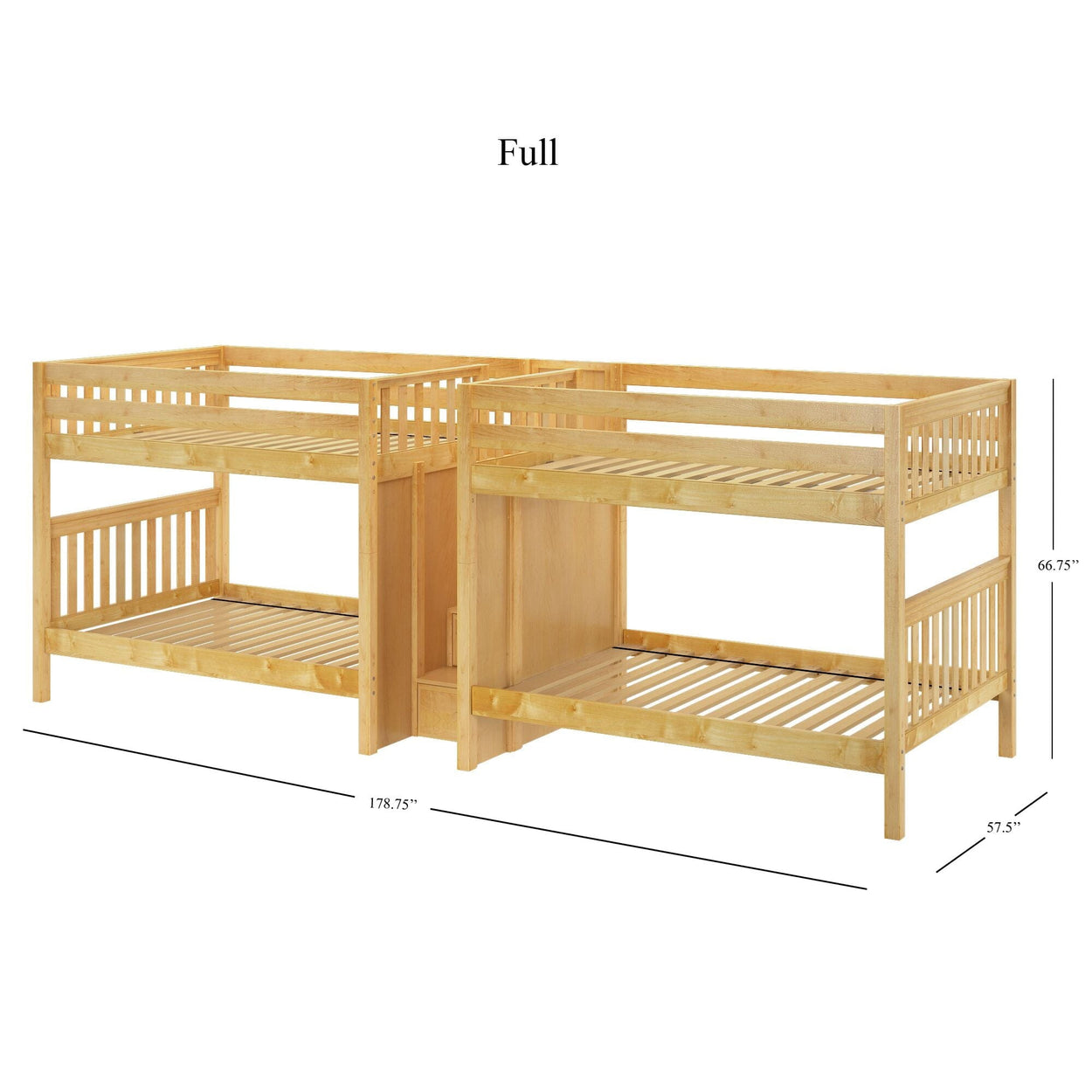 Full-size wooden double bunk bed with measurements, ideal for maximizing space in kids' or guest bedrooms.