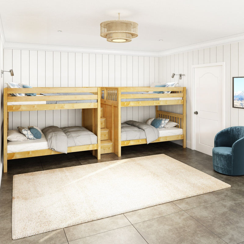 Natural wood bunk beds in bright modern farmhouse kids' bedroom with white shiplap walls, layered bedding and woven ceiling light