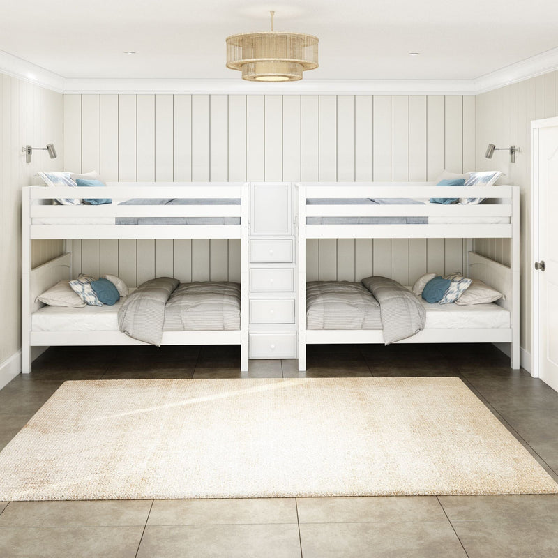 White wooden bunk beds in neutral kids' bedroom with gray bedding, wall reading lamps and rattan pendant light