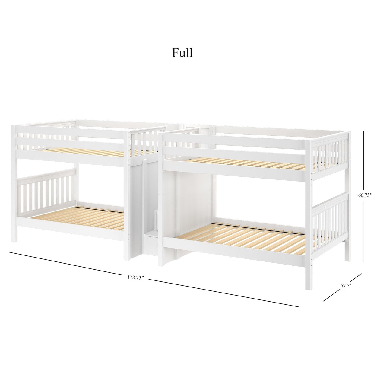 Full-size white wooden bunk bed with dimensions labeled, featuring slatted guardrails and ladder, suitable for children's bedroom or dorm room.