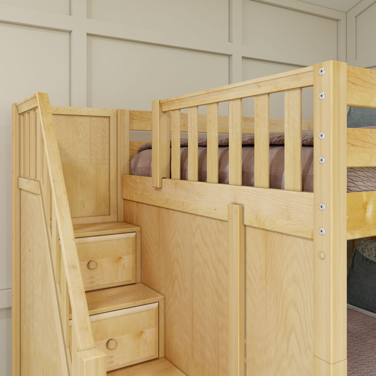 Wooden bunk bed with built-in stair drawers for storage in a modern bedroom.