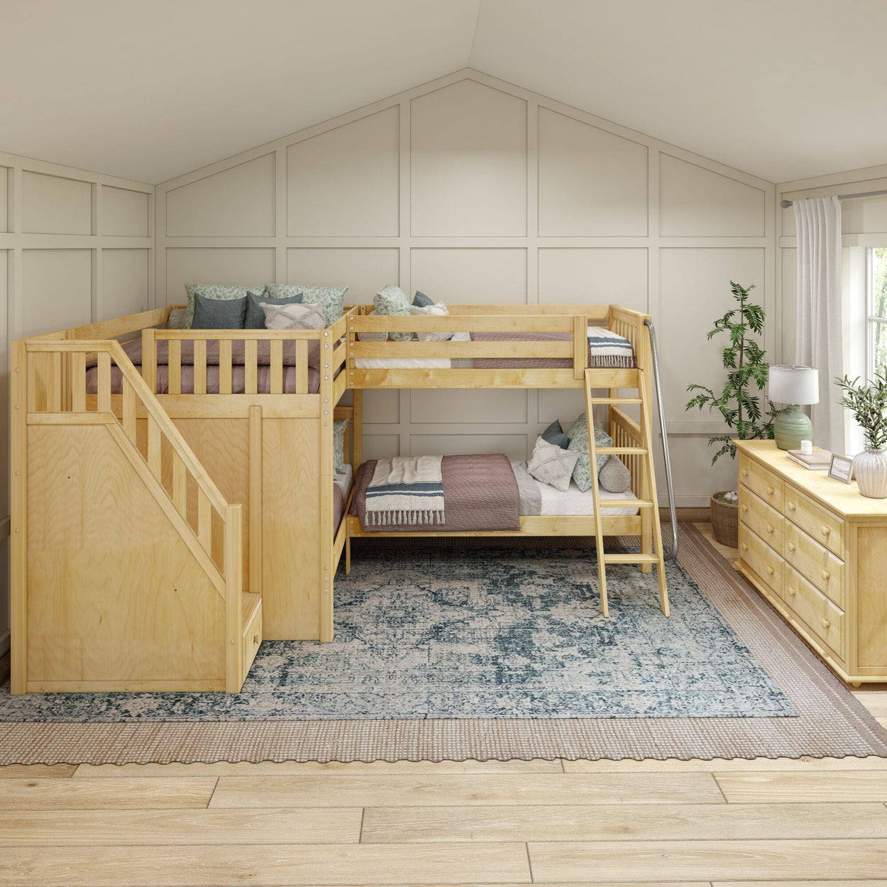 Stylish wooden bunk bed with staircase in a cozy, modern bedroom featuring rustic decor and natural wood furniture.